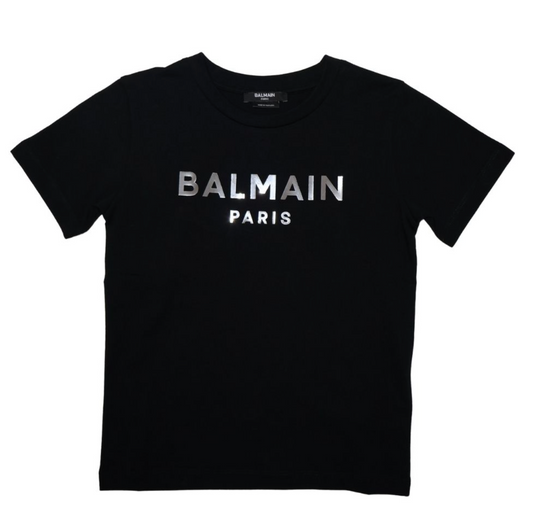 Balmain Paris Playera Negra Logo Plateado Metálico