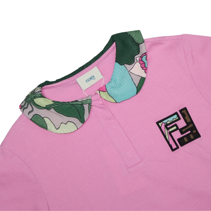 Fendi Polo Rosa con Cuello Estampado Verde Kids