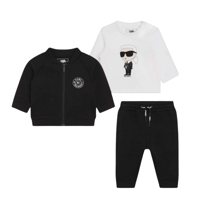 Karl Lagerfeld Kids - Set negro de tres piezas con chaqueta y camiseta ilustrada