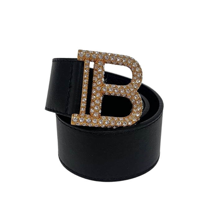 Balmain Cinturón Negro Hebilla Dorada con Brillos