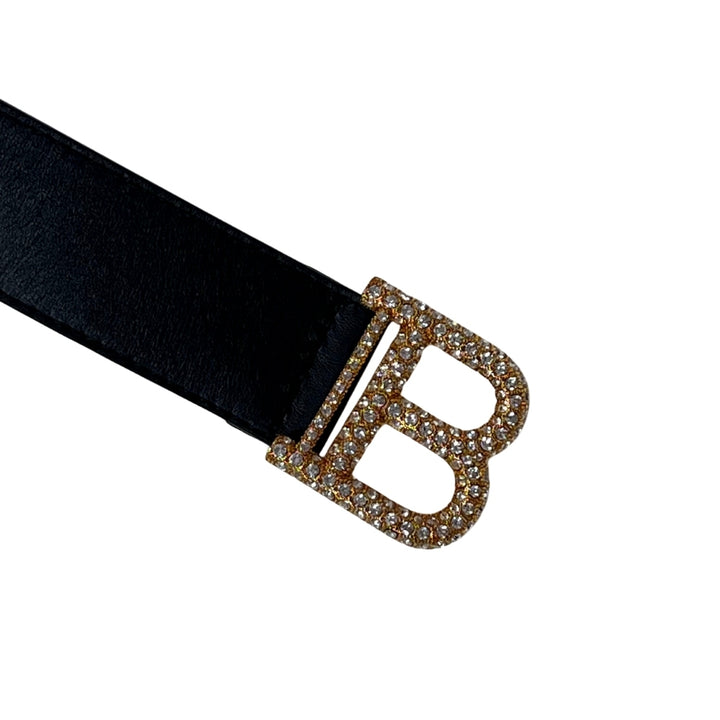 Balmain Cinturón Negro Hebilla Dorada con Brillos