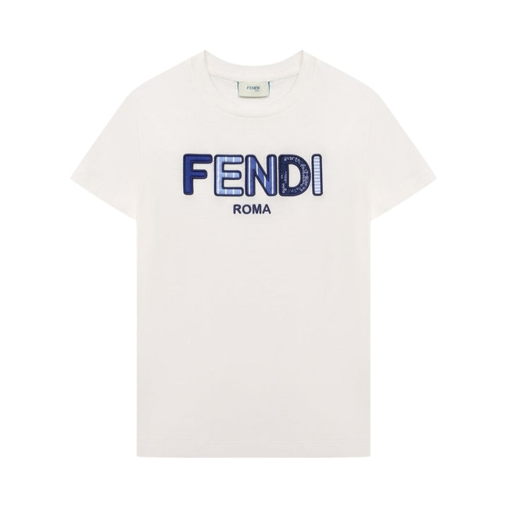 Fendi Kids - Playera Blanca Logo Fendi Roma en Azul
