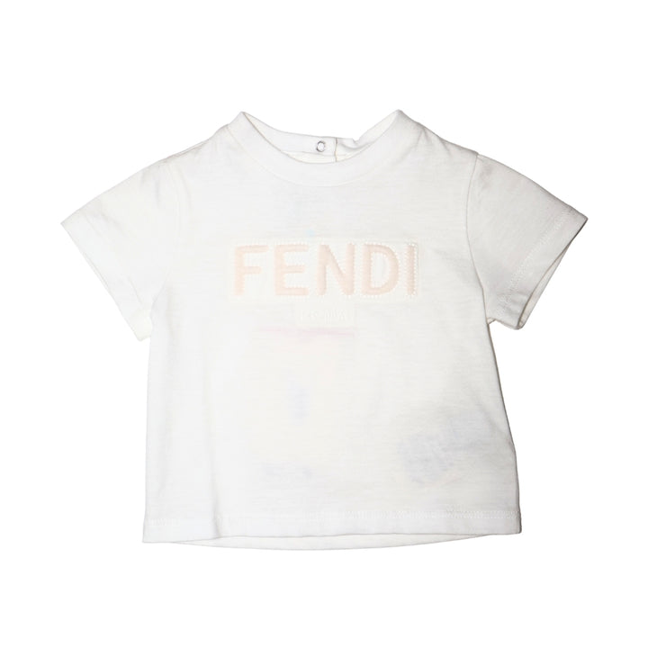 Fendi Kids Playera Blanca Logo Roma con Relieve Perlado