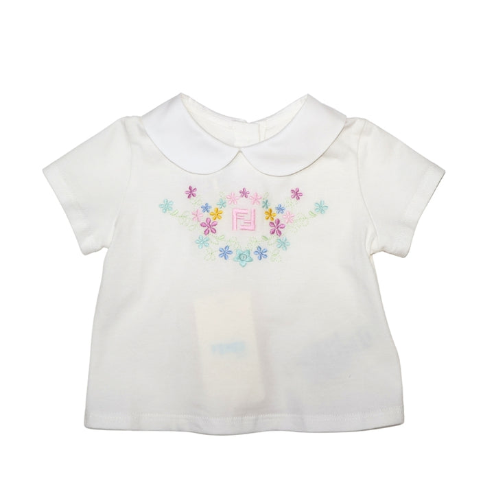 Fendi Kids Playera Blanca con Cuello Peter Pan y Bordado Floral