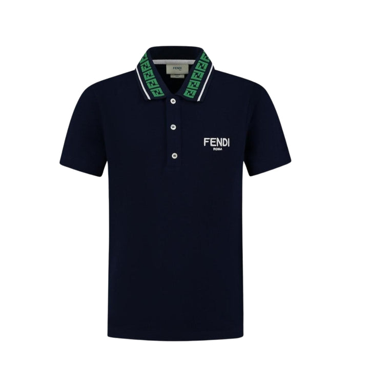 Fendi Roma Polo Azul con Cuello Logomanía Verde