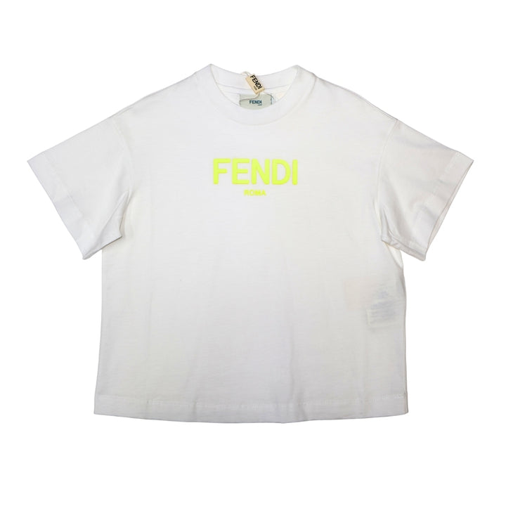 Fendi Roma Playera Blanca Logo Amarillo Neón