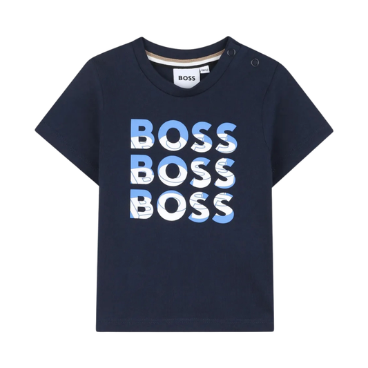 Playera Infantil BOSS Azul Marino con Triple Logo Frontal