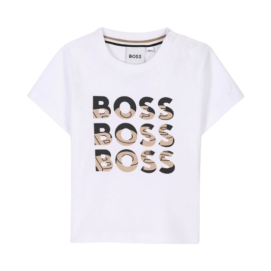 Playera Infantil BOSS Blanca con Triple Logo Frontal