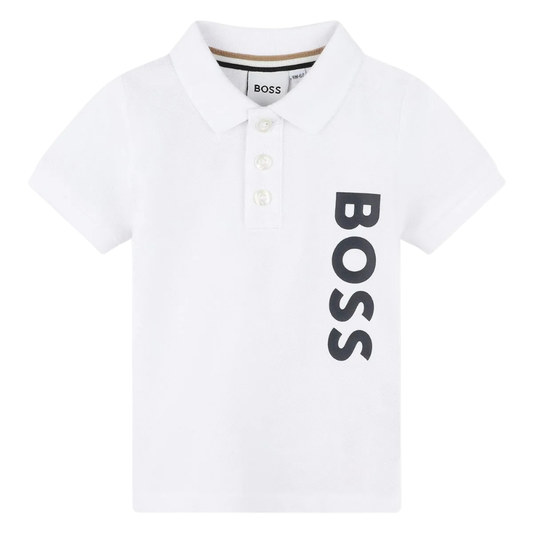 Playera Polo Boss Infantil Blanca con Logo Vertical