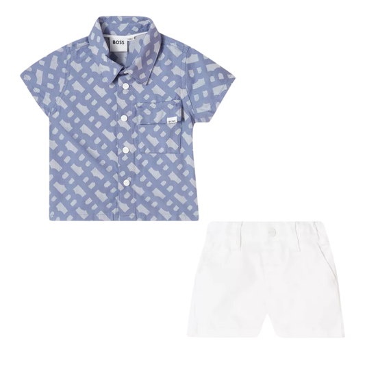 Conjunto Infantil BOSS Camisa All Over con Short Blanco