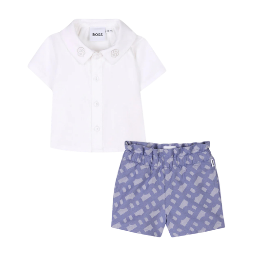 Conjunto Infantil BOSS Camisa Blanca y Short con Diseño All Over