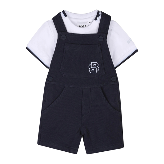 Conjunto Infantil BOSS con Overol Corto Azul Marino y Playera Blanca