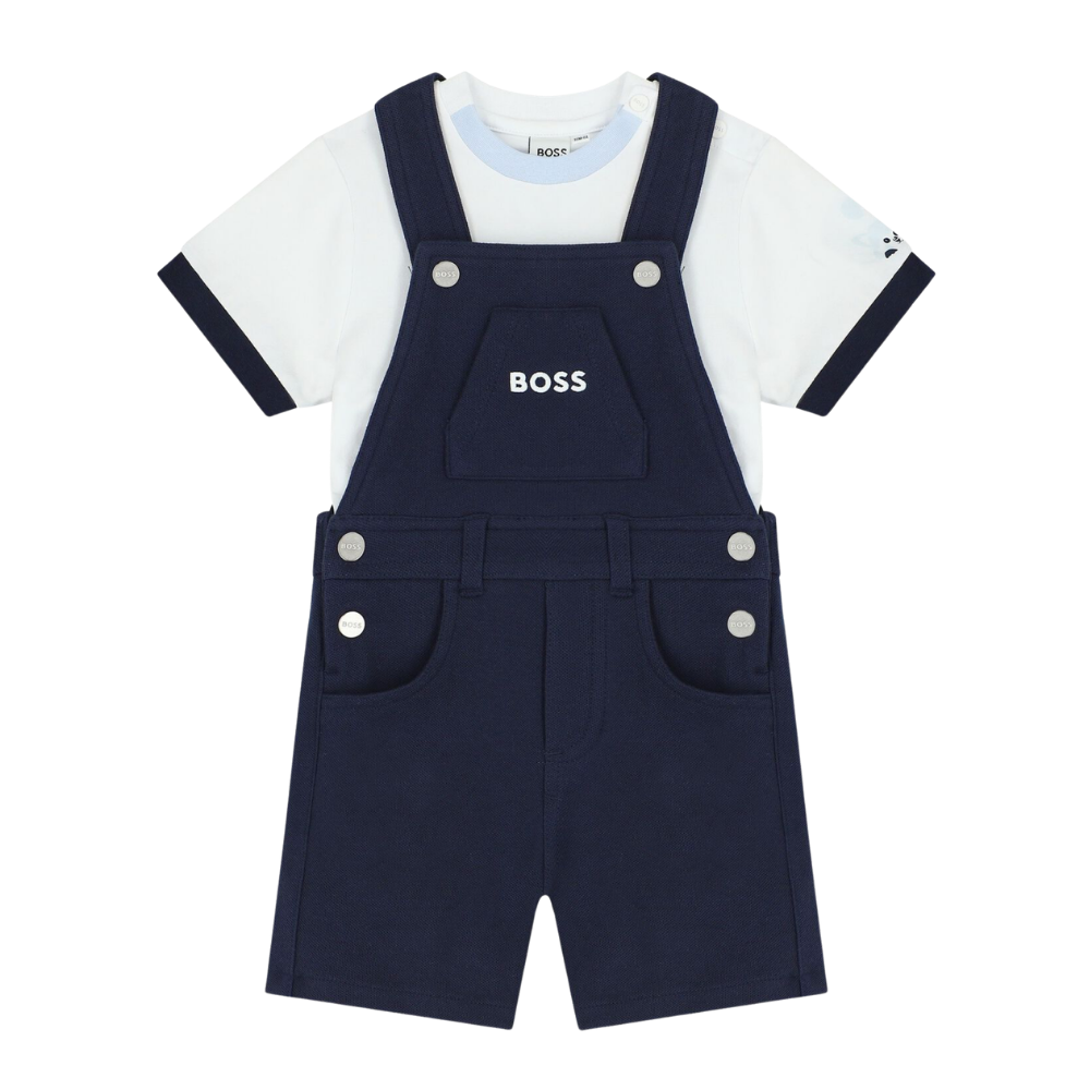 Conjunto Infantil BOSS con Overol Corto Azul Marino y Playera Blanca