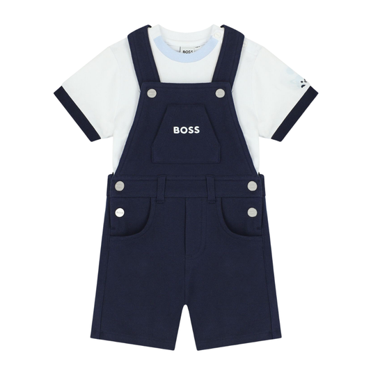 Conjunto Infantil BOSS con Overol Corto Azul Marino y Playera Blanca
