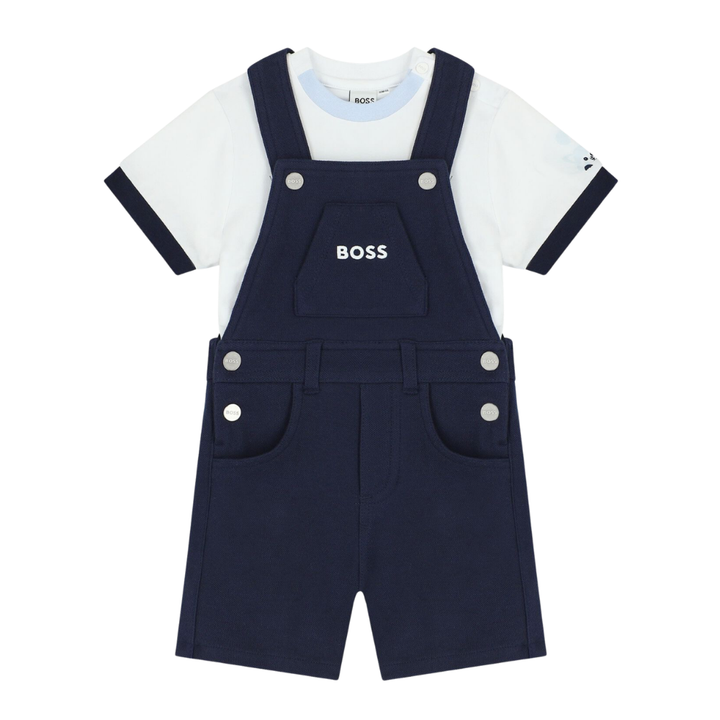 Conjunto Infantil BOSS con Overol Corto Azul Marino y Playera Blanca