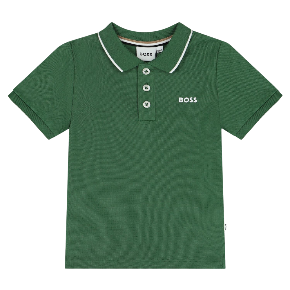Playera Polo Infantil BOSS Verde Olivo con Logo Frontal