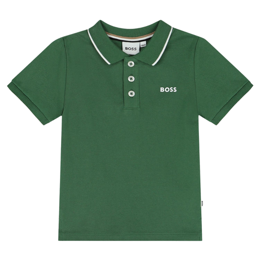 Playera Polo Infantil BOSS Verde Olivo con Logo Frontal