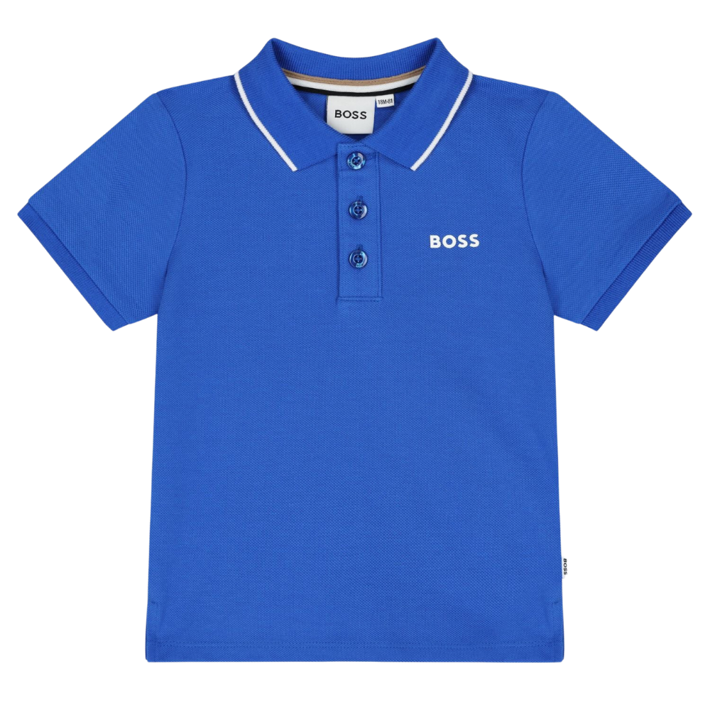 Playera Polo Infantil BOSS Azul Rey con Logo Blanco