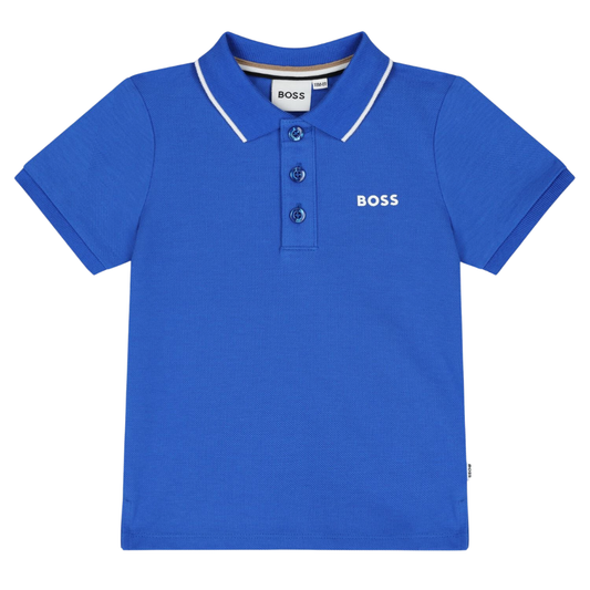 Playera Polo Infantil BOSS Azul Rey con Logo Blanco