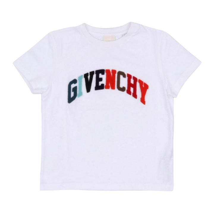 GIVENCHY – Playera Blanca con Logo Multicolor en Terciopelo