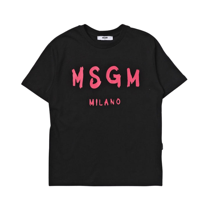 MSGM Playera Negra Niño Logo Rosa