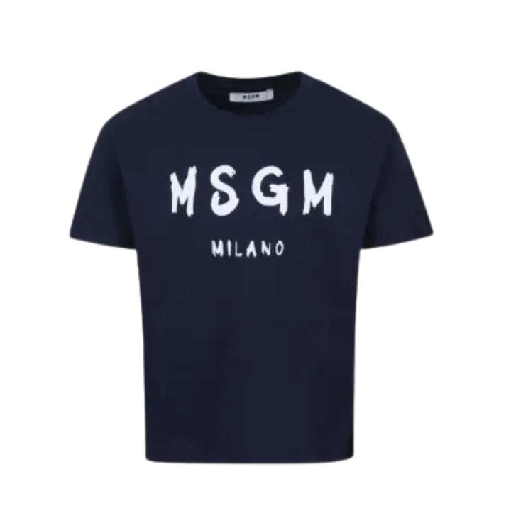 MSGM Playera Azul Marino Niño Logo Blanco