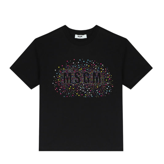 MSGM Playera Negra Niña Logo Multicolor Cristales