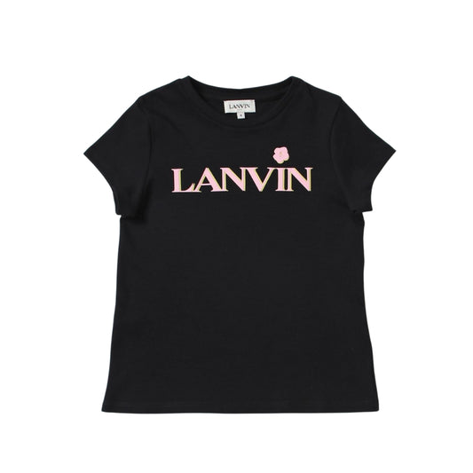 Lanvin Playera Negra Niña Logo Rosa con Flor