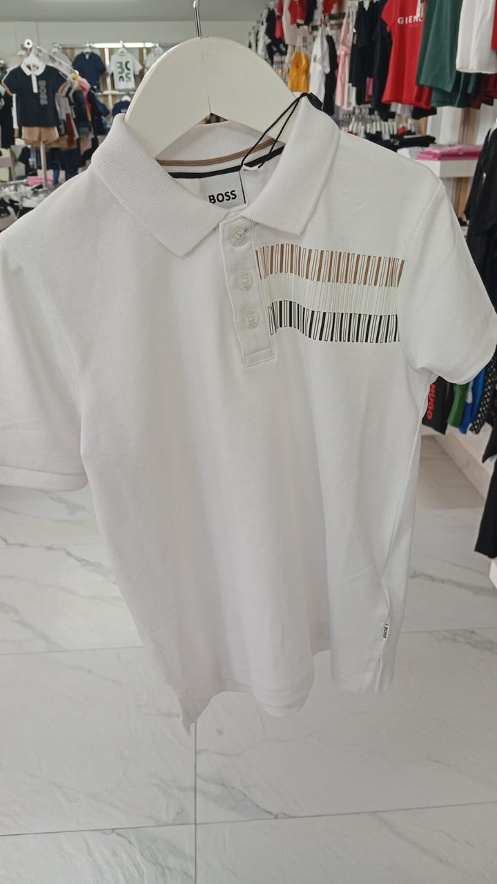 Playera Polo BOSS Infantil Blanca con Estampado Gráfico