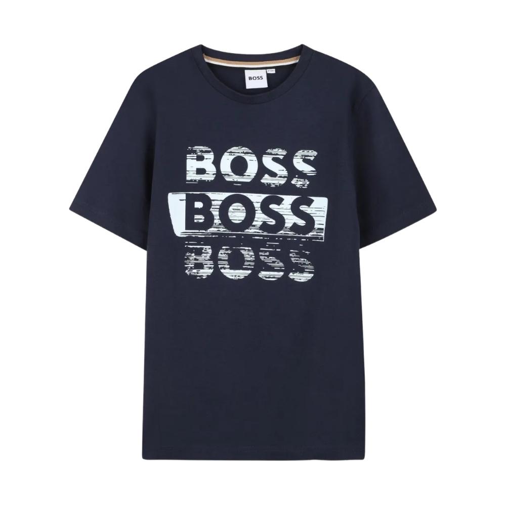 Playera BOSS Kids Azul Marino con Estampado Frontal Repetido
