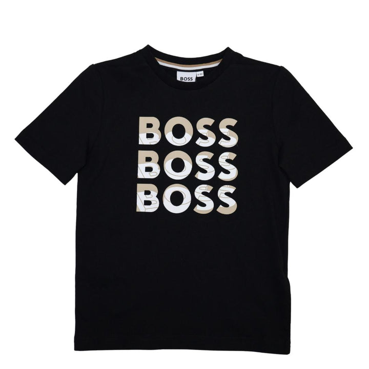 Playera Boss Negra Para Niño con Logotipo Repetido Dorado
