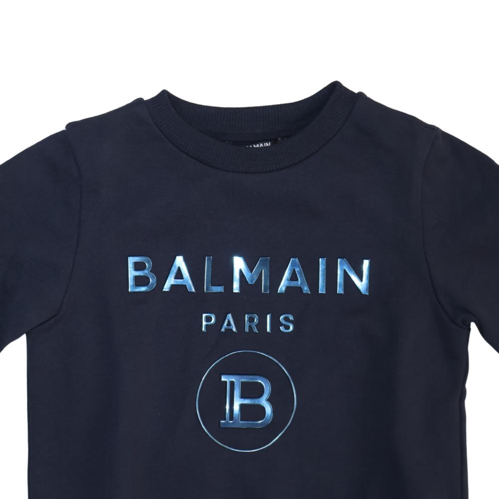 Suéter Infantil Balmain Paris Azul Marino con Logo Relieve