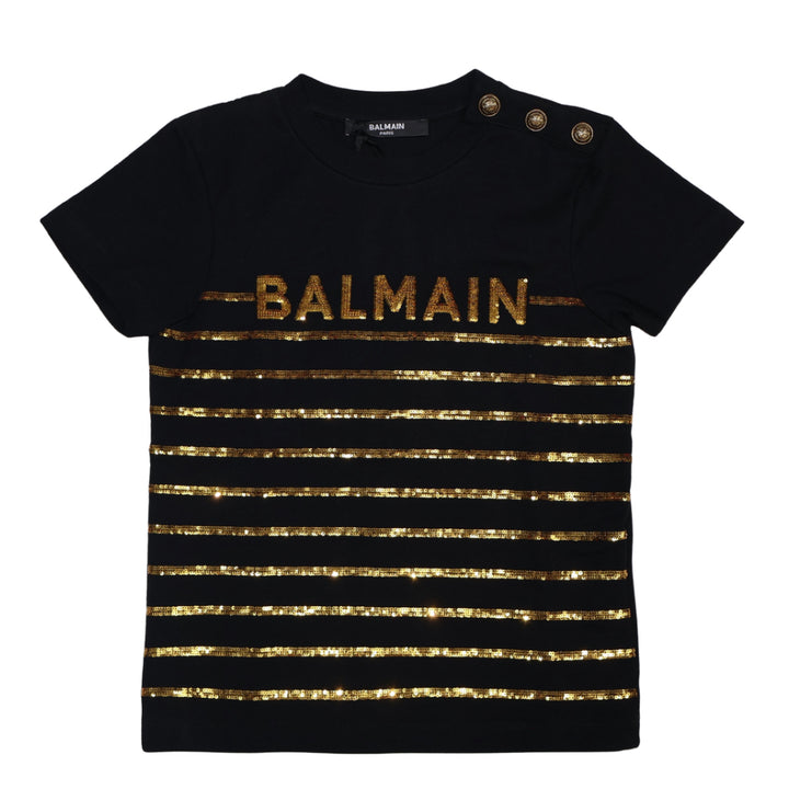 Playera Balmain Paris para niña en negro con lentejuelas doradas
