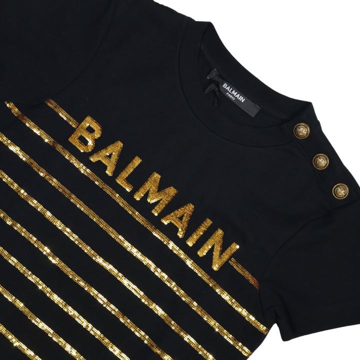 Playera Balmain Paris para niña en negro con lentejuelas doradas