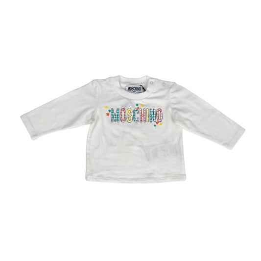 Moschino Baby – Playera Blanca de Manga Larga con Logo Multicolor