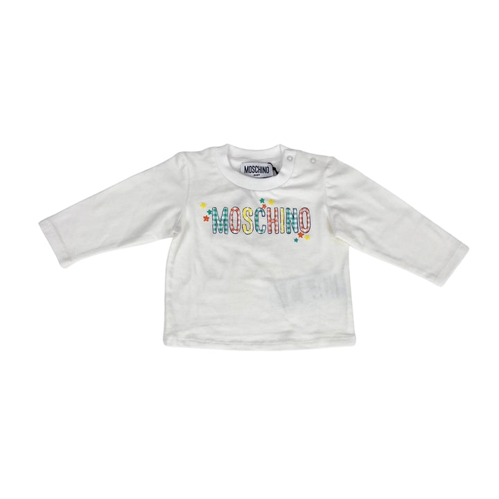 Moschino Baby – Playera Blanca de Manga Larga con Logo Multicolor