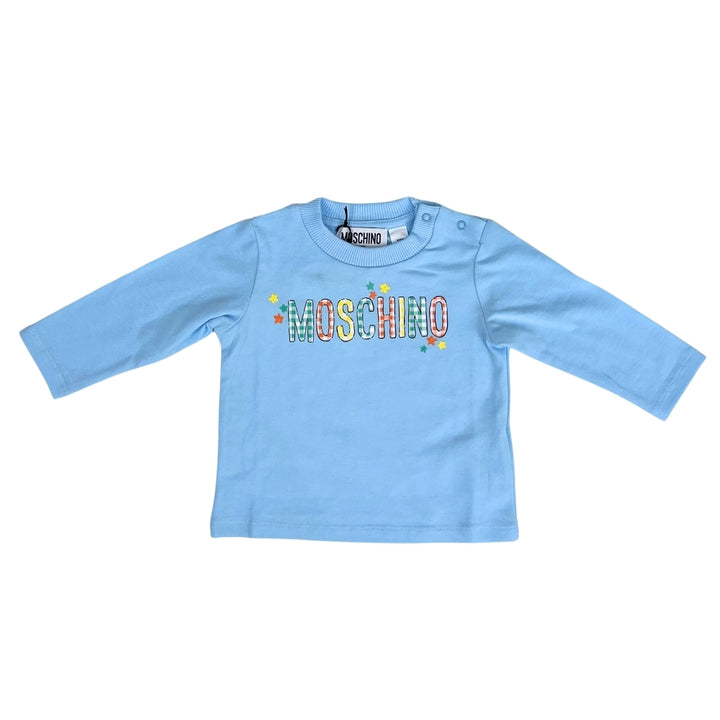 Moschino Baby – Playera de Manga Larga Azul con Logo Multicolor
