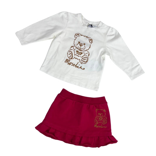 Moschino Baby – Conjunto Blusa Blanca y Falda Fucsia con Osito Toy
