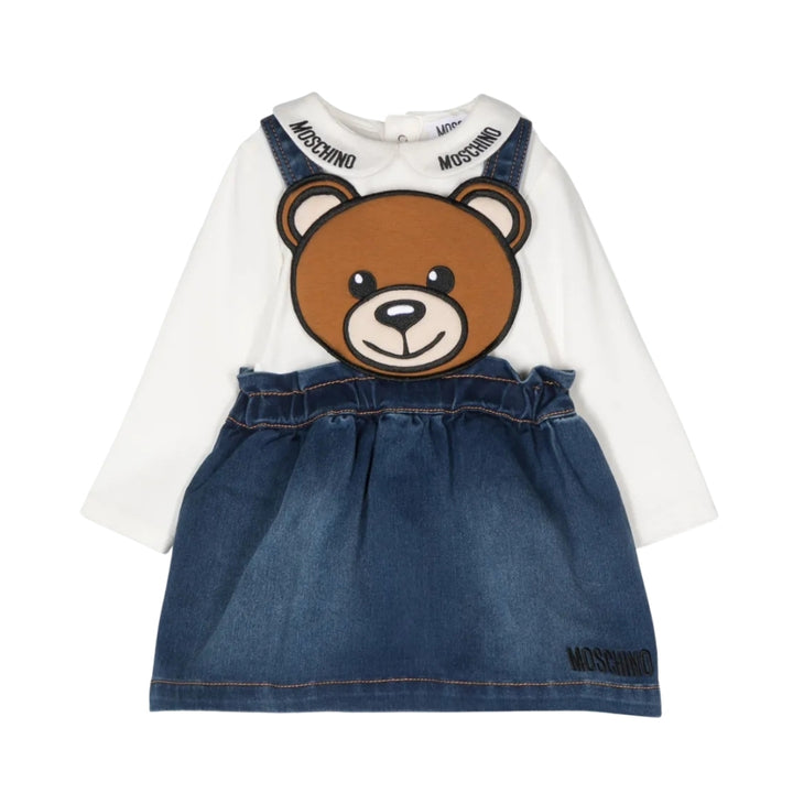 Moschino Baby – Vestido Denim con Osito Toy y Blusa Blanca Integrada