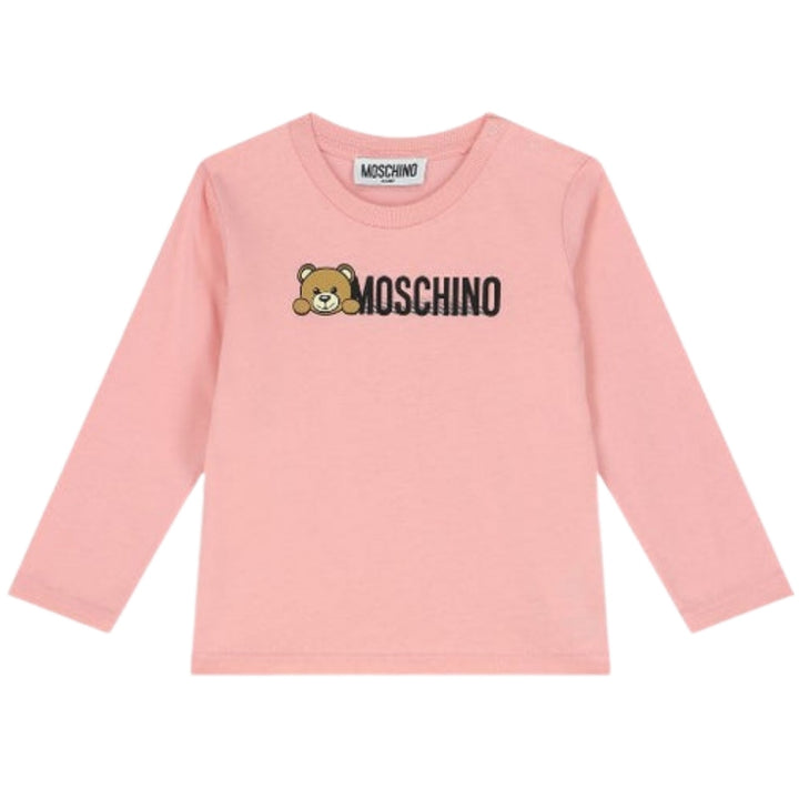 Moschino Baby – Playera Rosa de Manga Larga con Osito y Logo