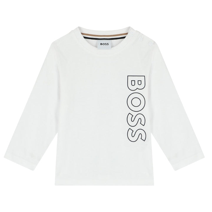 Playera Blanca de Manga Larga para Bebé BOSS con Logo Vertical