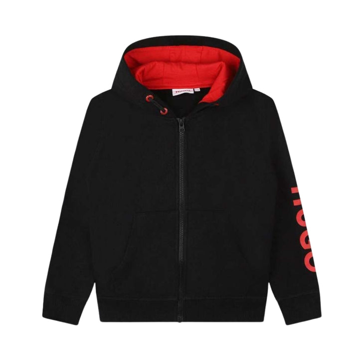Sudadera Negra para Niño BOSS con Capucha y Detalle Rojo