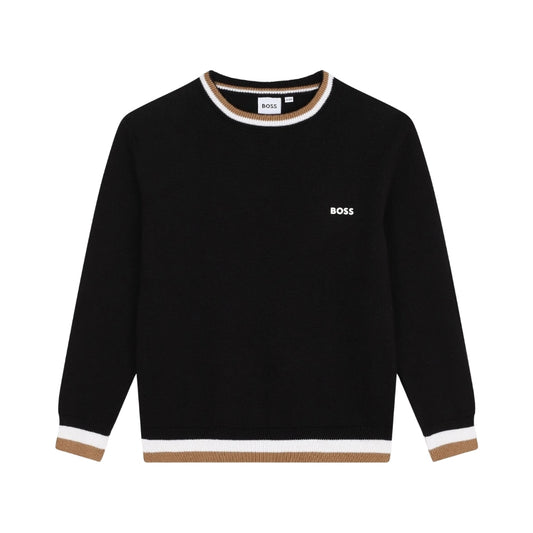 Suéter Negro para Niño BOSS con Detalles Beige y Blanco