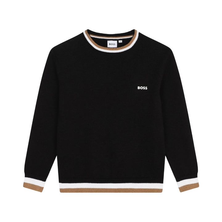 Suéter Negro para Niño BOSS con Detalles Beige y Blanco