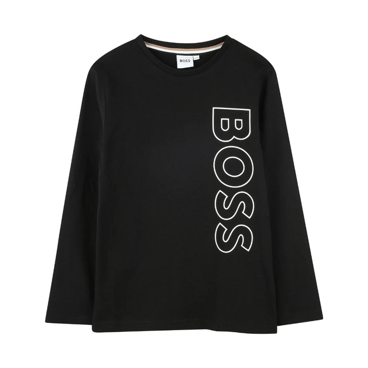 BOSS Playera de Manga Larga para Niño – Negra con Logo Vertical