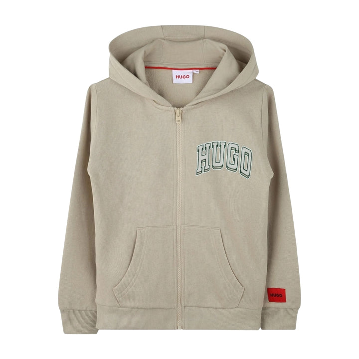 Sudadera con capucha HUGO Boss beige con cierre y logo verde