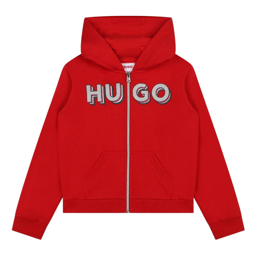 Sudadera con capucha HUGO roja con cierre y logo 3D