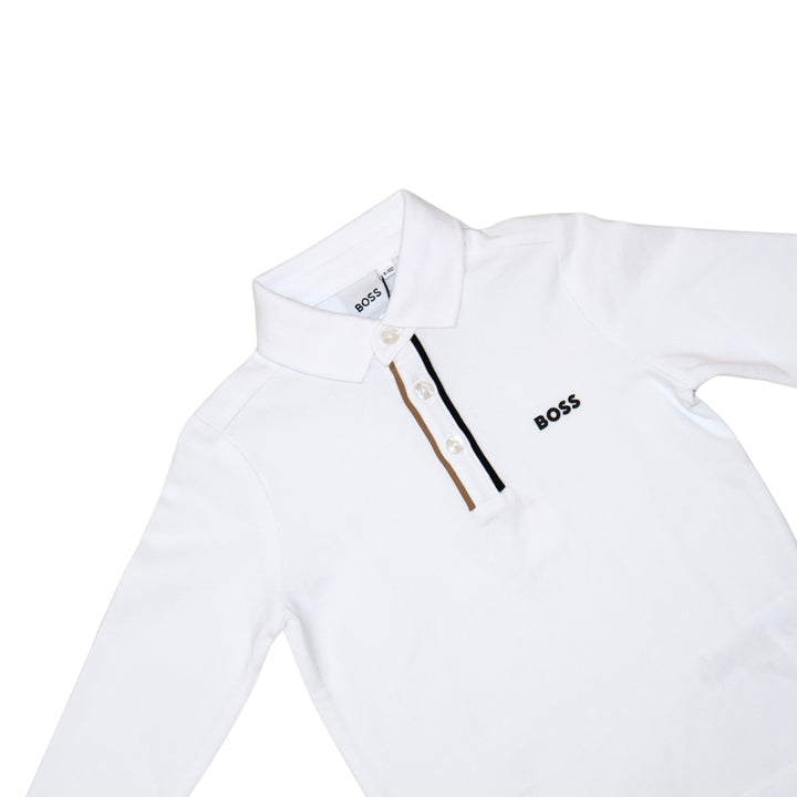 BOSS Polo de Manga Larga para Niño – Blanco con Detalle de Tricolor