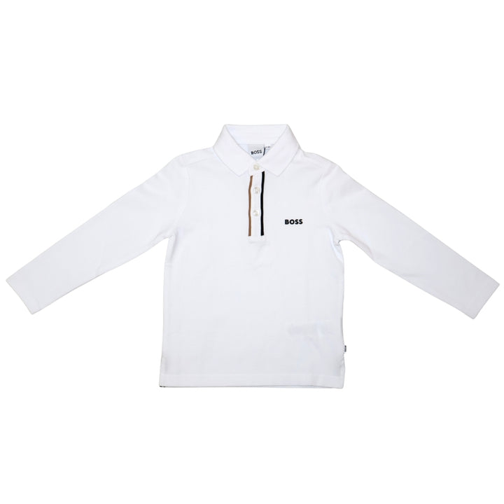 BOSS Polo de Manga Larga para Niño – Blanco con Detalle de Tricolor