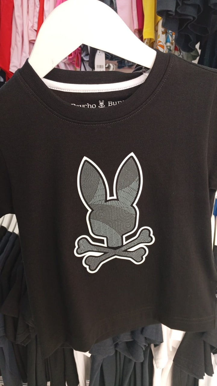 Playera Infantil Psycho Bunny Negra con Logo Gráfico Frontal